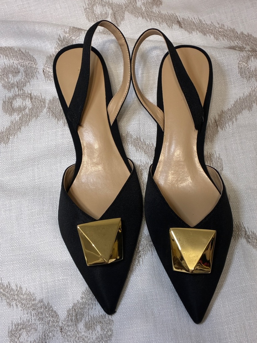 Ann Taylor Black Pointed Slingback Flats with Gold Pyramid Accent